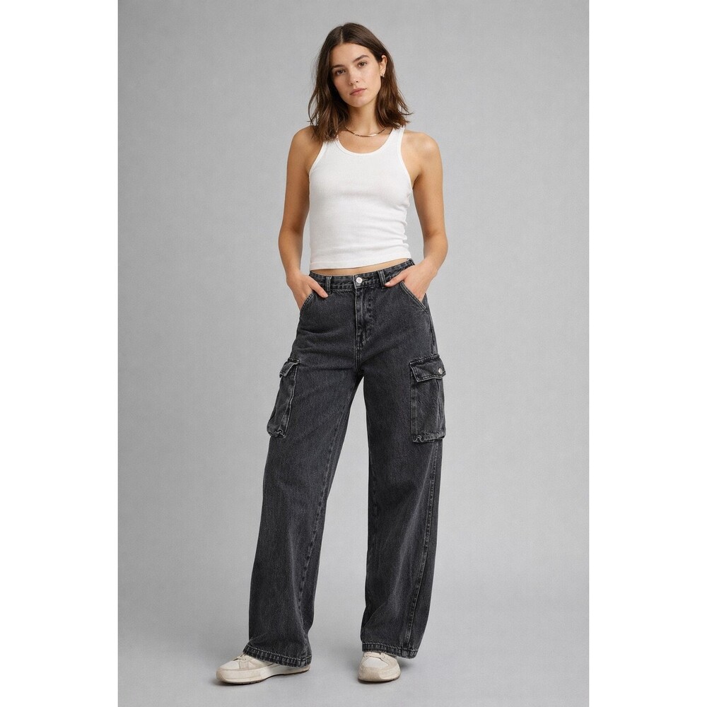 Madewell Low Slung Cargo Jeans Wide Straight Leg Black Wash Utility Denim Sz 26